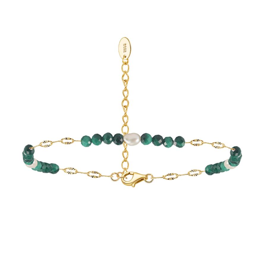 Bracelet freshwater pearl sterling silver+Freshwater Pearl+Natural Malachite - bracelet - sterling silver - - Amberliss