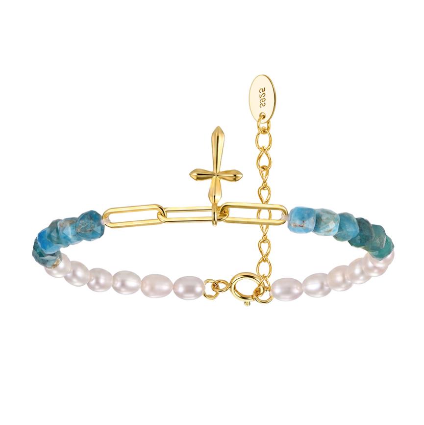 Bracelet freshwater pearl sterling silver+Freshwater Pearl+Blue Apatite MPB22 - bracelet - sterling silver - - Amberliss