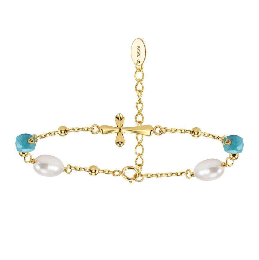 Bracelet freshwater pearl sterling silver+Freshwater Pearl+Turquoise MPB23 - bracelet - sterling silver - - Amberliss