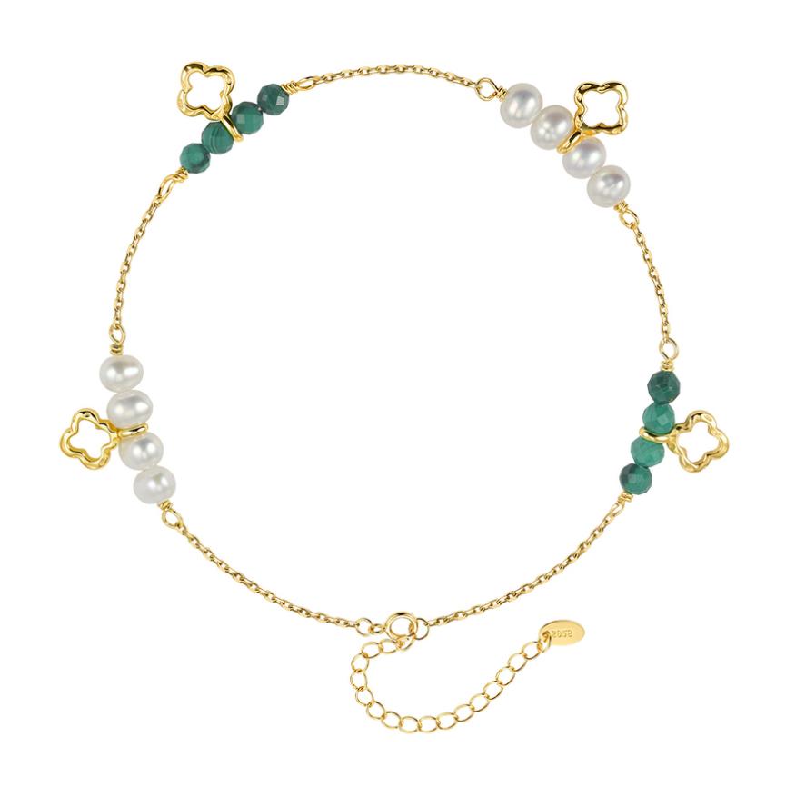 Bracelet freshwater pearl sterling silver+Freshwater Pearl+Malachite MPB24 - bracelet - sterling silver - - Amberliss